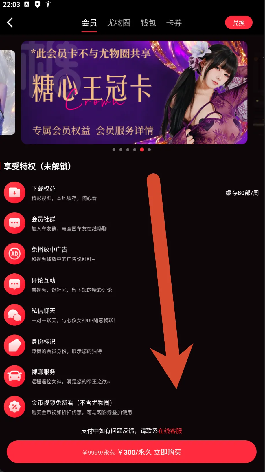 糖心皇冠卡权益和300元永久价格截图
